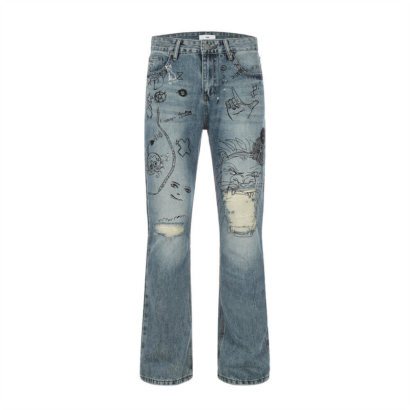 Men Jeans Horn Shell Ripped Trendy Loose
