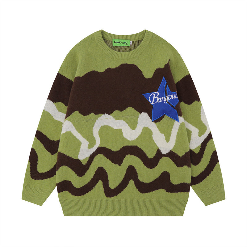 Men Sweater Striped Jacquard Five-Pointed Star Sweater