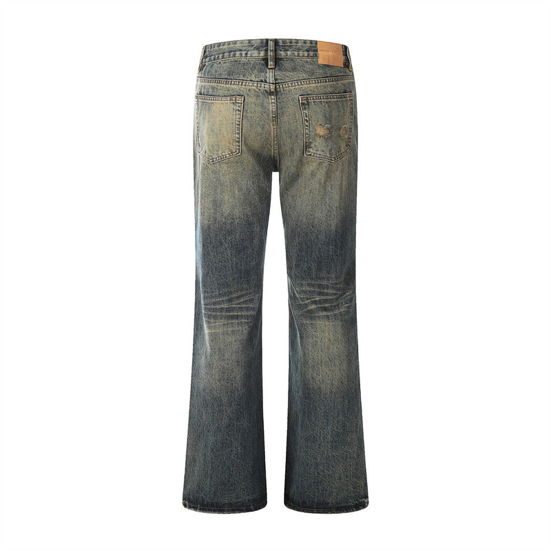 Men Jeans Bell-Bottom Pants Loose Retro Ripped Distressed