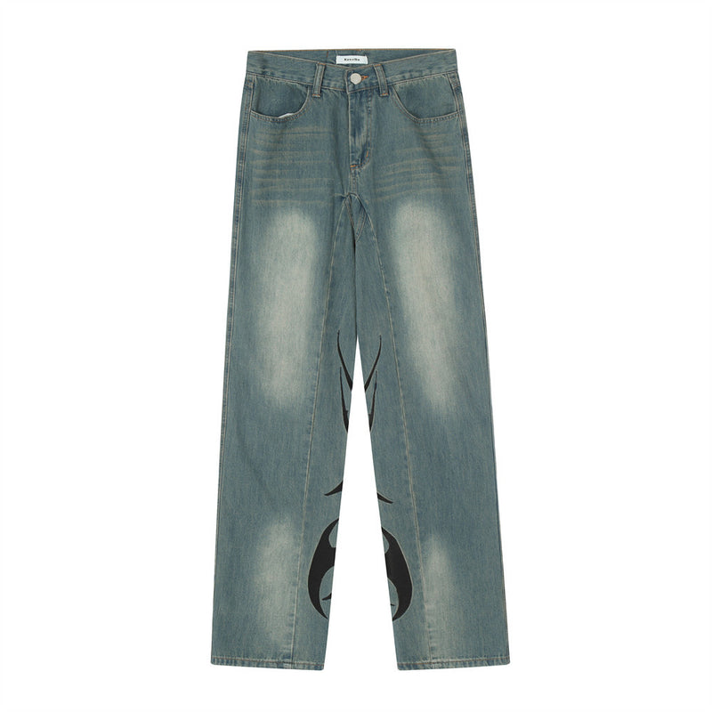 Men Jeans Flame Embroidery Trend Wash Leisure