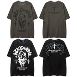 Men T-shirt Vintage Cross Printing Distressed Oversize
