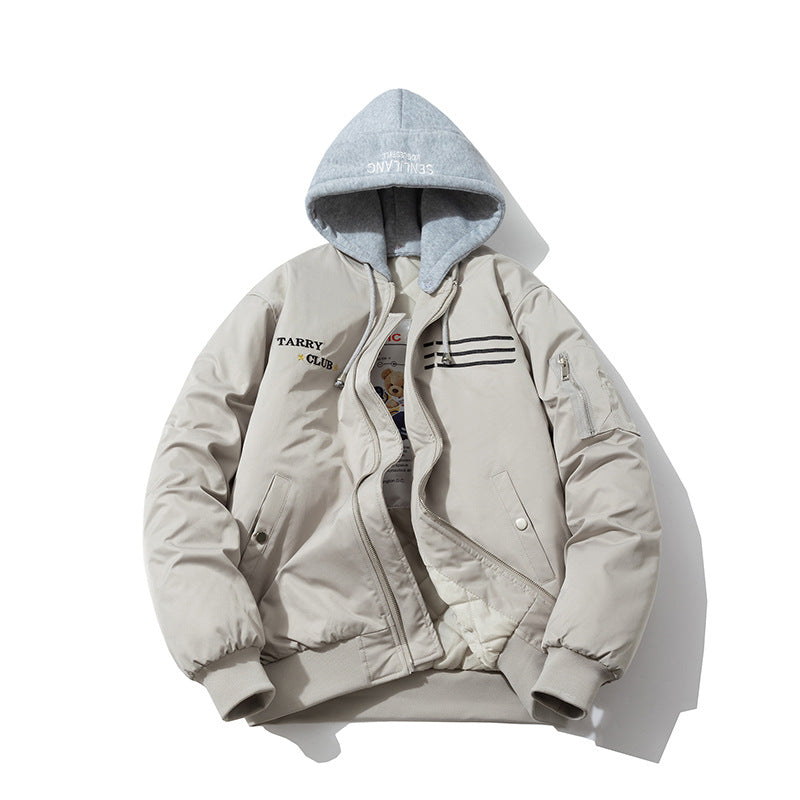 Mens Vintage Jackets Padded Thickened Baseball Jacket Hooded Embroidered Cotton Jacket