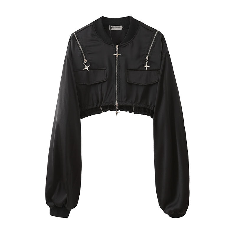 Women Jackets Short Special-Interest Design Pleated Loose Zip Jacket
