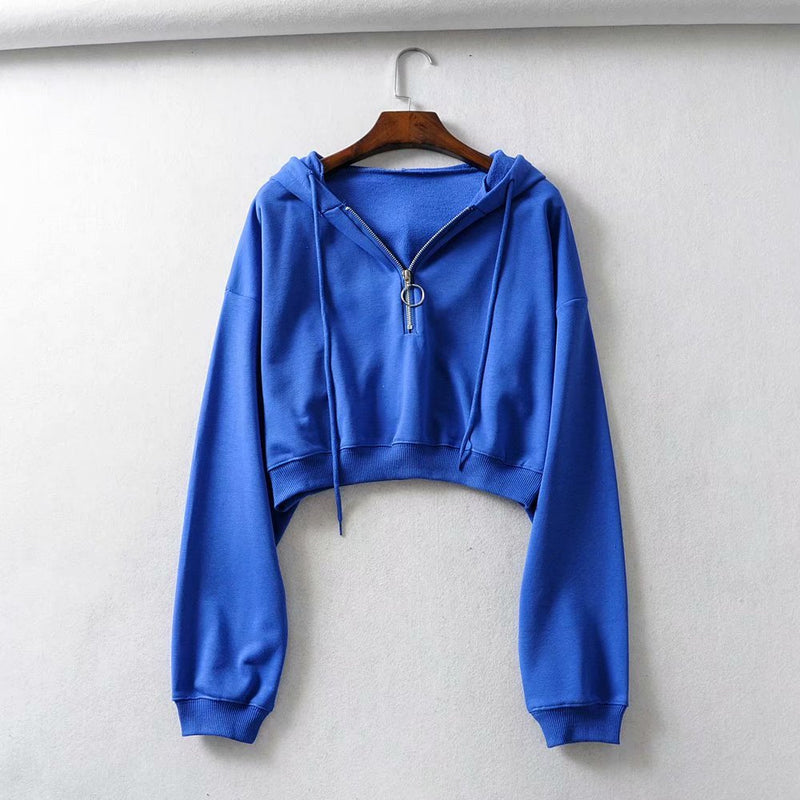 Women Hoodie Half Loose Zip Idle Style Short