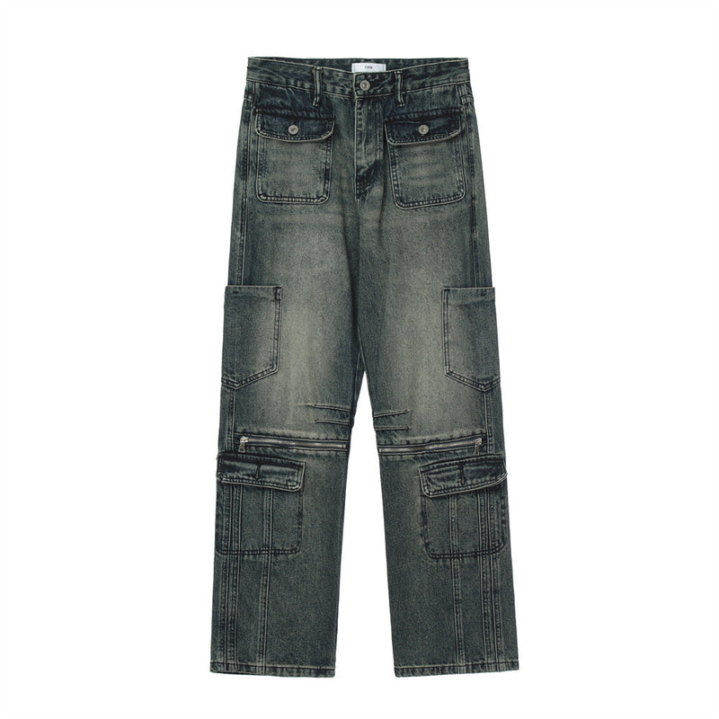 Men Jeans Multi-Pocket Zipper Stitching Loose