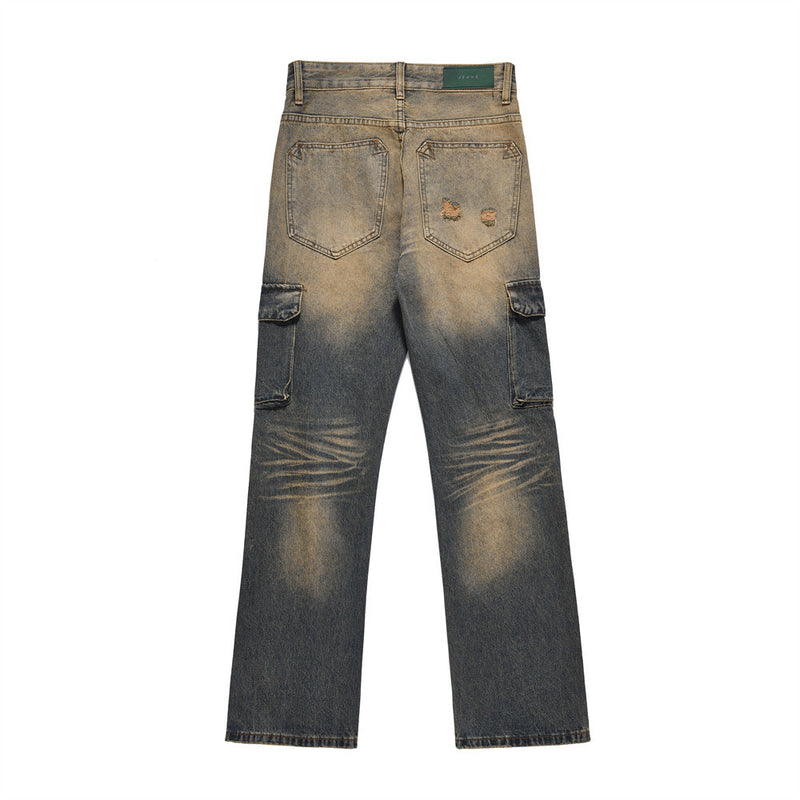 Men Jeans Punk Distressed Multi-Pocket Loose Cool Workwear