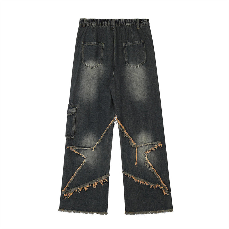 Men Jeans Five-Pointed Star Paste Cloth Embroidery Burr