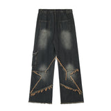 Men Jeans Five-Pointed Star Paste Cloth Embroidery Burr