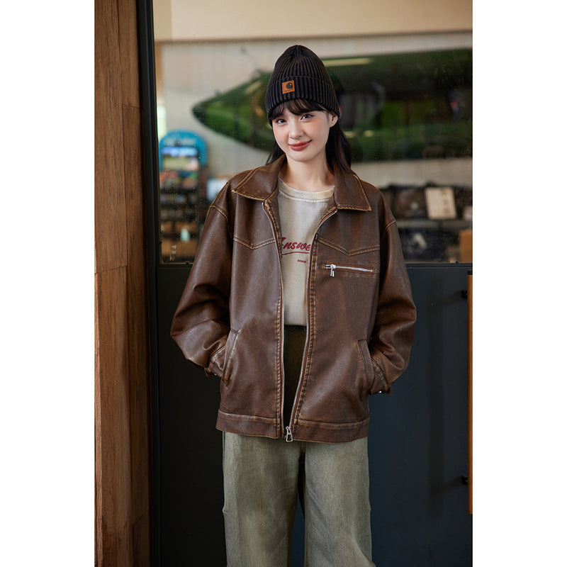 Unisex Pu Jacket Distressed PU Leather Motorcycle Jacket