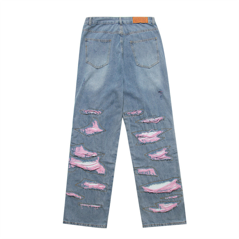 Men Jeans Hole & Patch Embroidery Loose All-Match