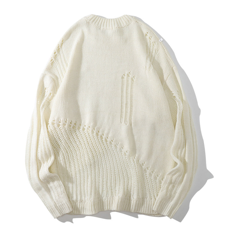 Men Sweater Solid Color Crocheted round Neck Knitted Sweater