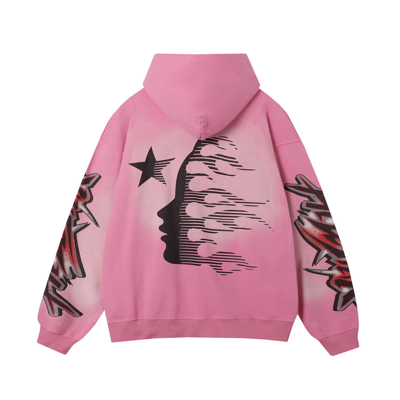 HS Hoodie Flame Vintage Print Loose