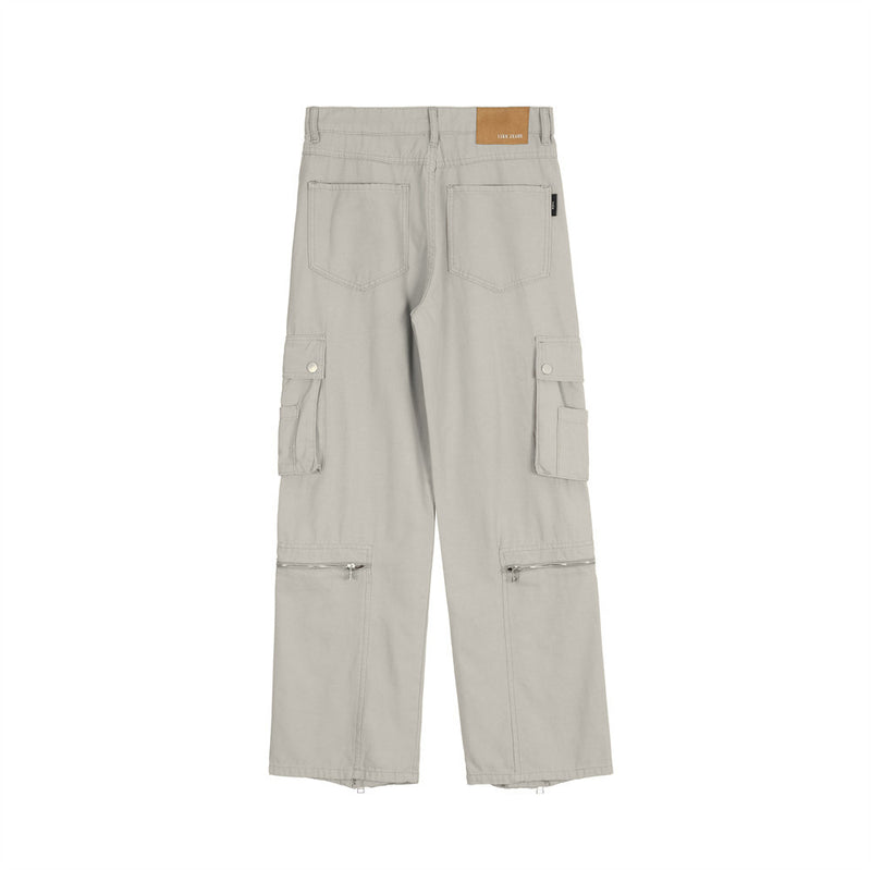 Men Jeans Multi-Pocket Workwear Loose Stitching Zipper Slit