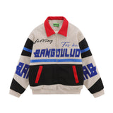 Men Cotton Mixed Jacket Coat Racing Suit Men's Winter Cotton Padded Stitching Embroidery Letters Polo Collar Jacket