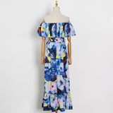 Bohemian Dress Fashion Printed Young off-Shoulder Long Cinched Swing Dress