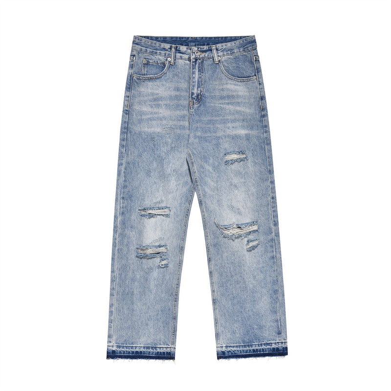 Men Jeans Hole Worn All-Match Loose Raw Hem