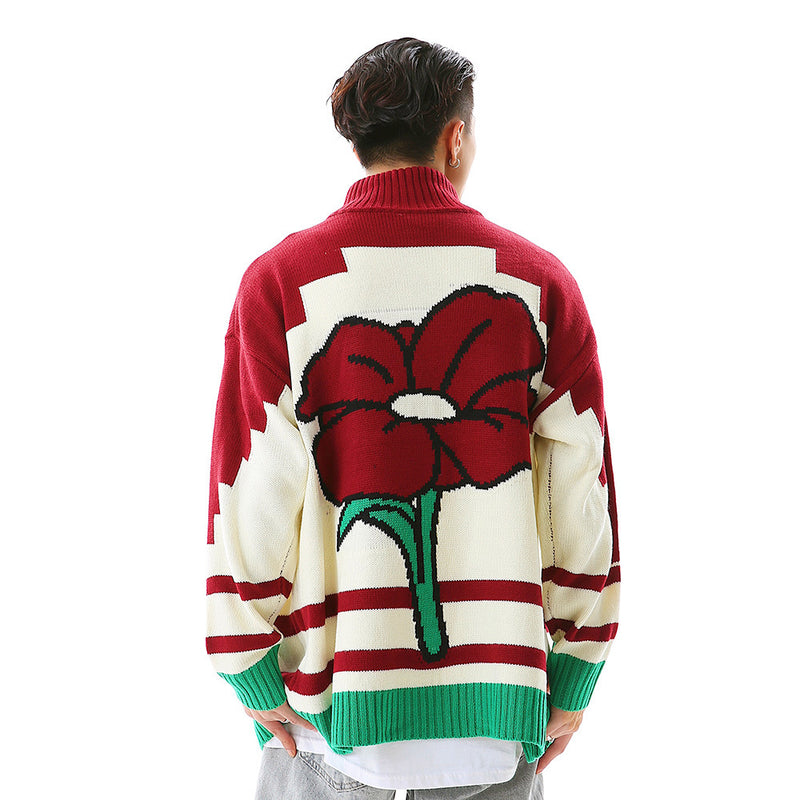 Men Sweater Flower Jacquard Knitted Cardigan Half Turtleneck Double Zipper