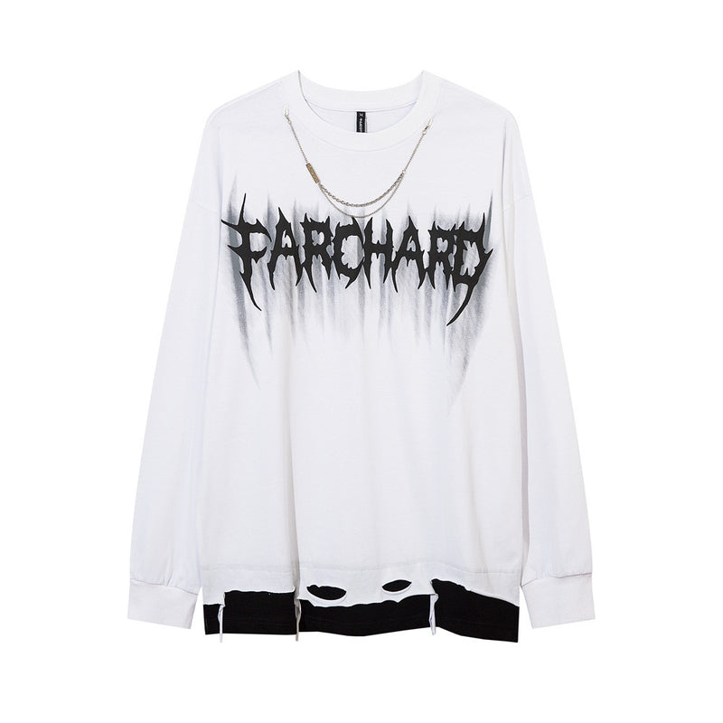 Men Long Sleeve T-Shirt Cut Ripped Necklace Decoration Fake Two Pieces