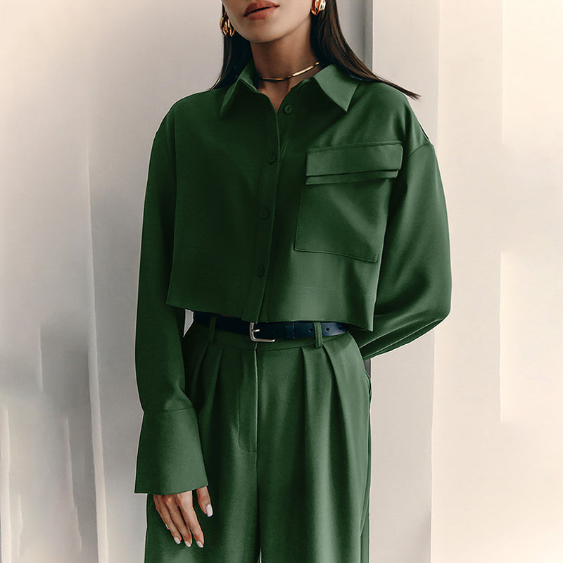 Women Co-Ords Winter Dark Green Long Sleeve Shirt Casual
