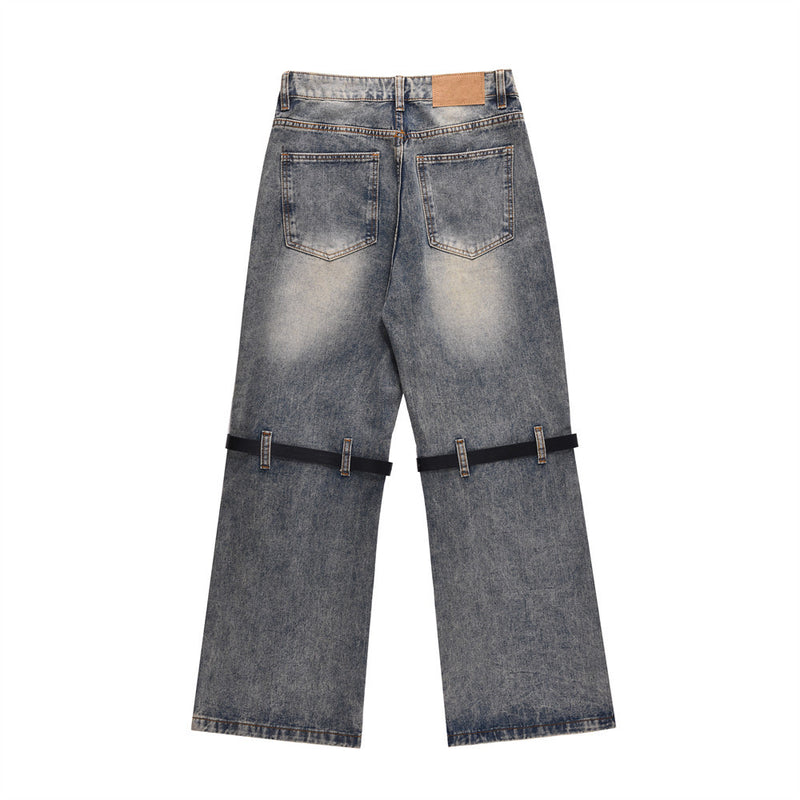 Men Jeans Punk Distressed Line Stitching