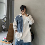 Men Shirts Retro Loose Stitching Long Sleeve Denim Coat