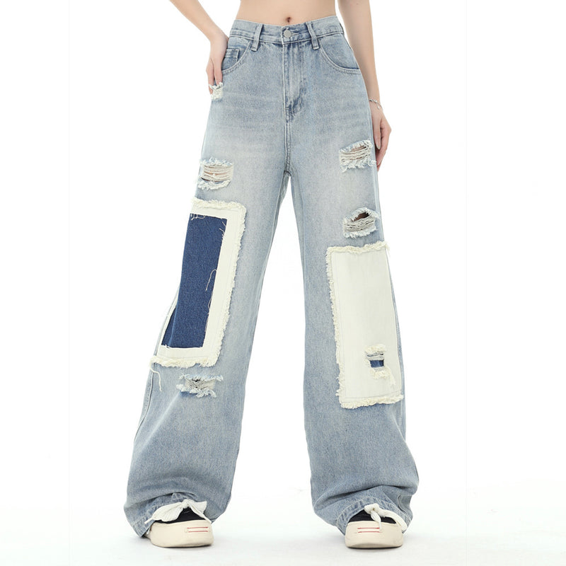Men Jeans Patch Ripped Versatile Loose