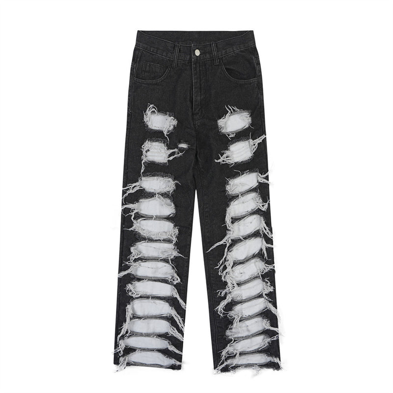 Men Jeans Hole & Patch Trendy Unique Raw Edges