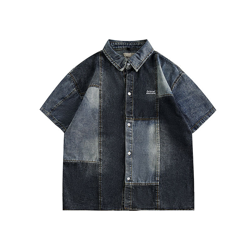 Short Sleeve Shirt Denim Shirt Design Stitching School Style Lining