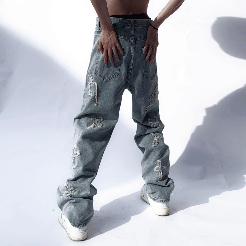 Men Jeans Cross Paste Cloth Embroidery Distressed Trendy Loose