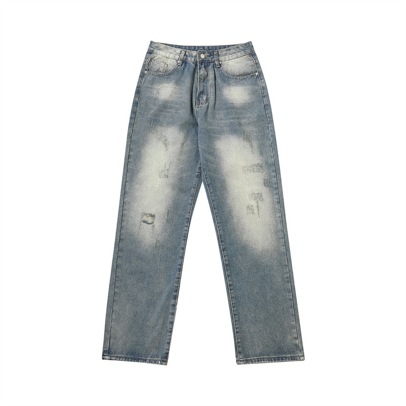 Men Jeans Worn Casual Loose Distressed Bright White