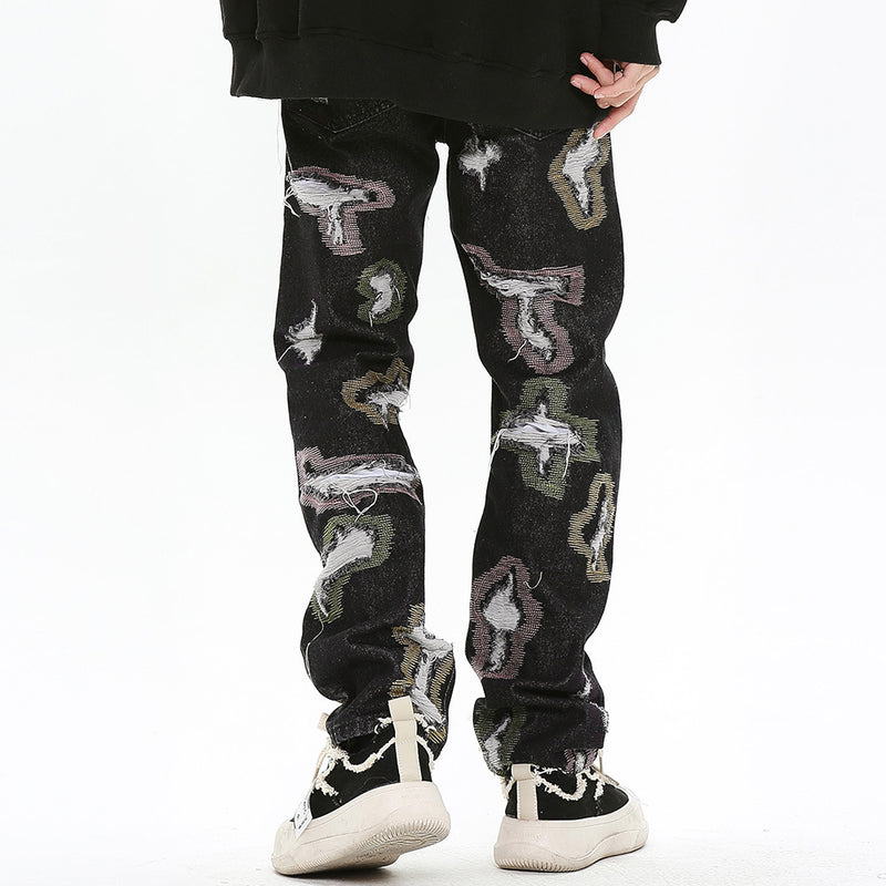 Men Jeans Ripped Embroidery Loose