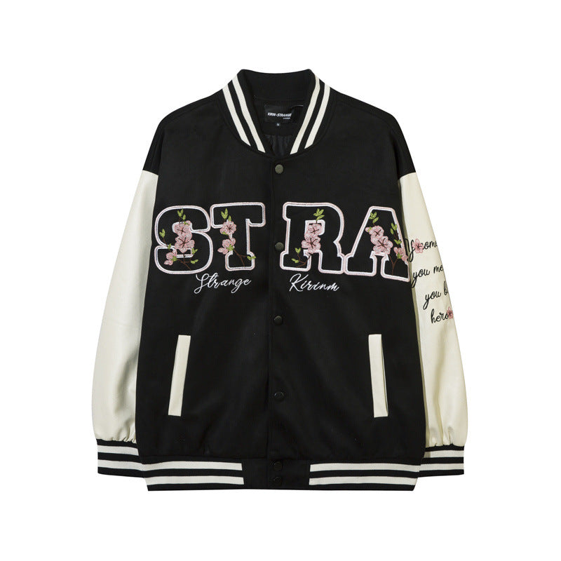 Women Jackets Floral Embroidered Baseball Uniform Loose PU Leather