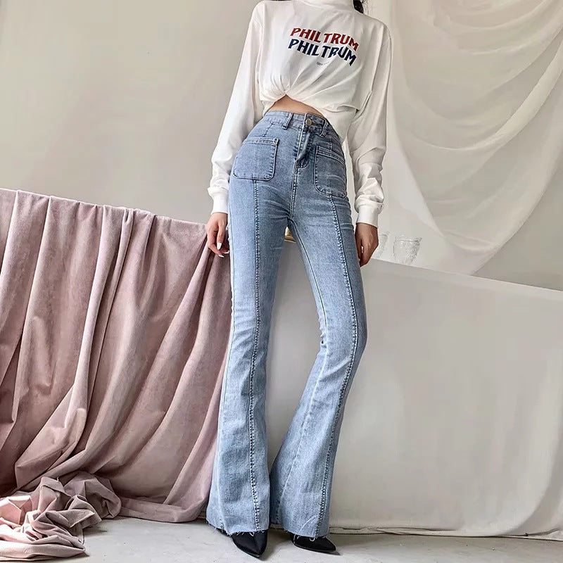 Women Jeans Autumn Stitching Bell-Bottom Pants