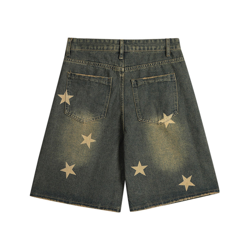 Men Shorts Baggy Denim Shorts Five-Pointed Star Printing Wash White