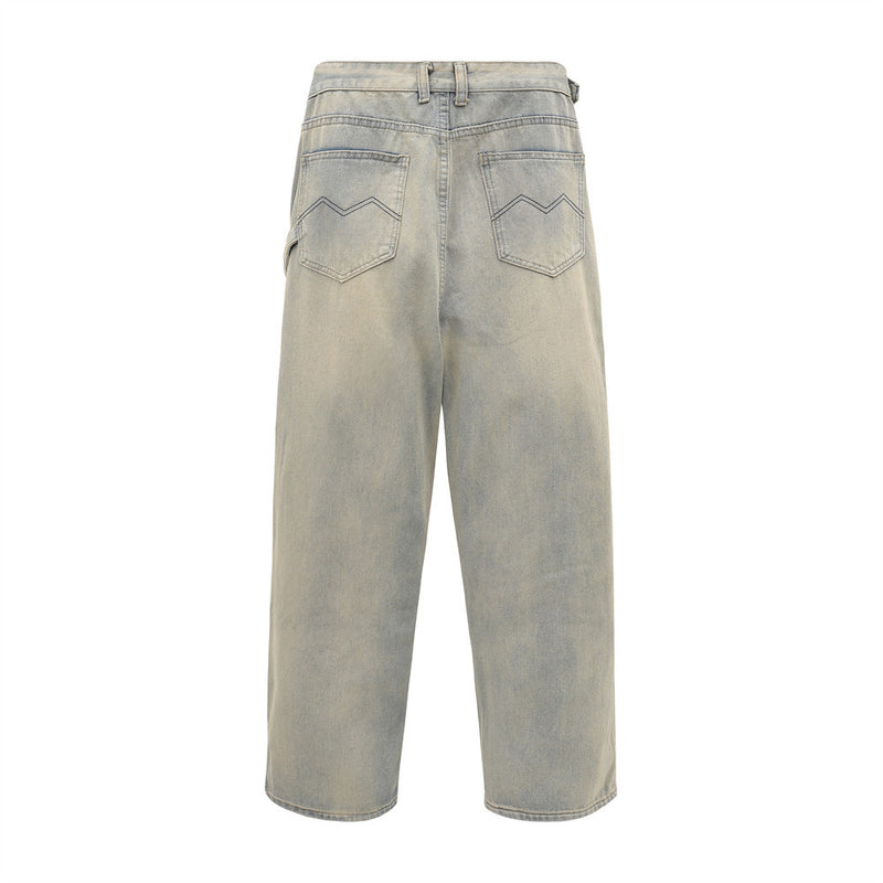 Men Jeans Yellow Pleated Vintage Pocket
