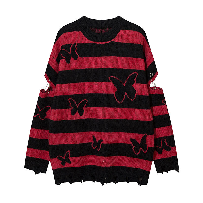 Women Sweater Striped Loose Hole Knitted Sweater
