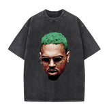 Rapper Chris Brown Big Face Graphic Vintage Washed T-Shirts