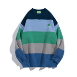 Women Sweater Retro College Style Striped Color Block Knitted Sweater