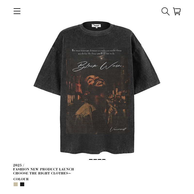 American vintage street T-shirt pure cotton retro men's and women's summer loose half sleeves
