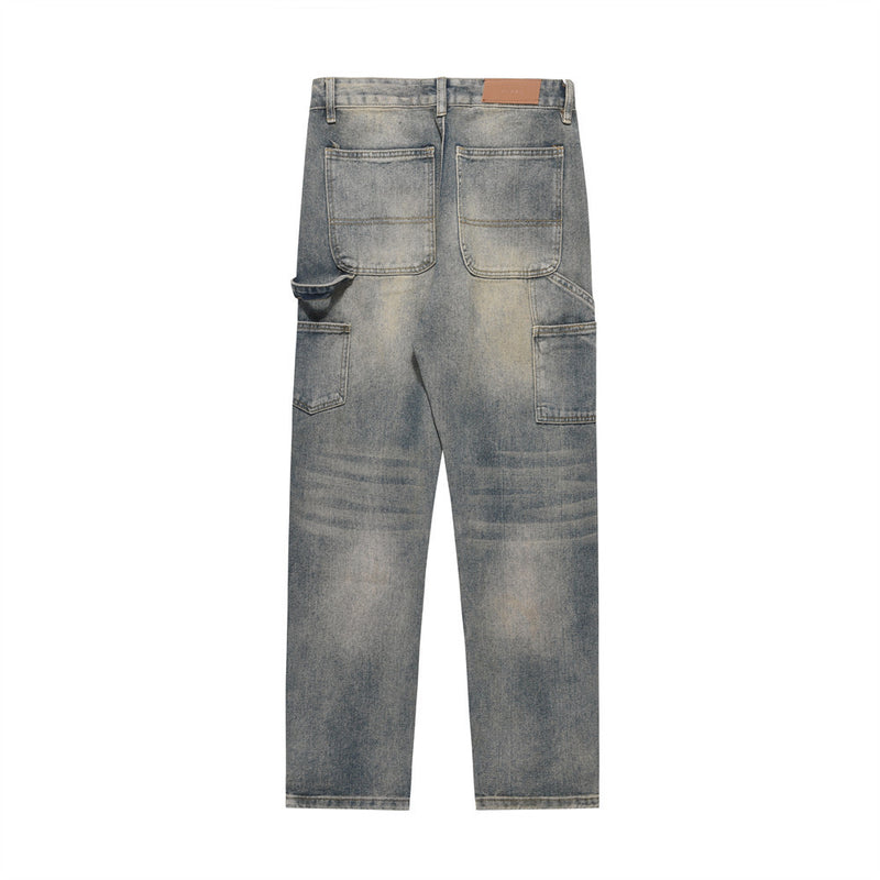 Men Jeans Retro Washed Distressed Loose Multi-Pocket