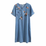 Women Dresses Flower Embroidery Denim Dress