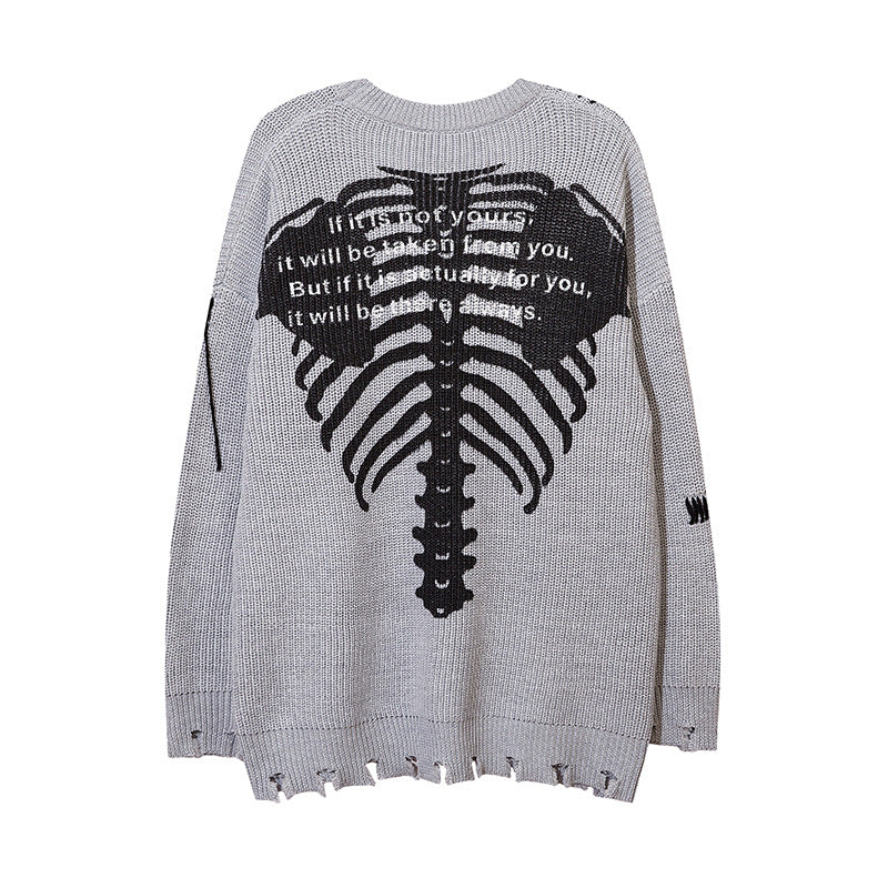 Men Sweater Skull Skeleton Printed round Neck Sweater Ripped