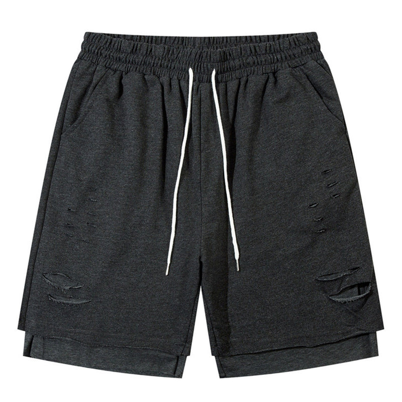 Men Shorts Summer Solid Color Sports Loose Cut Ripped