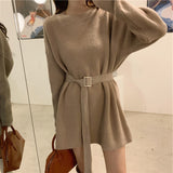 Women Pullover Sweater with Belt Long Knitted Sweater