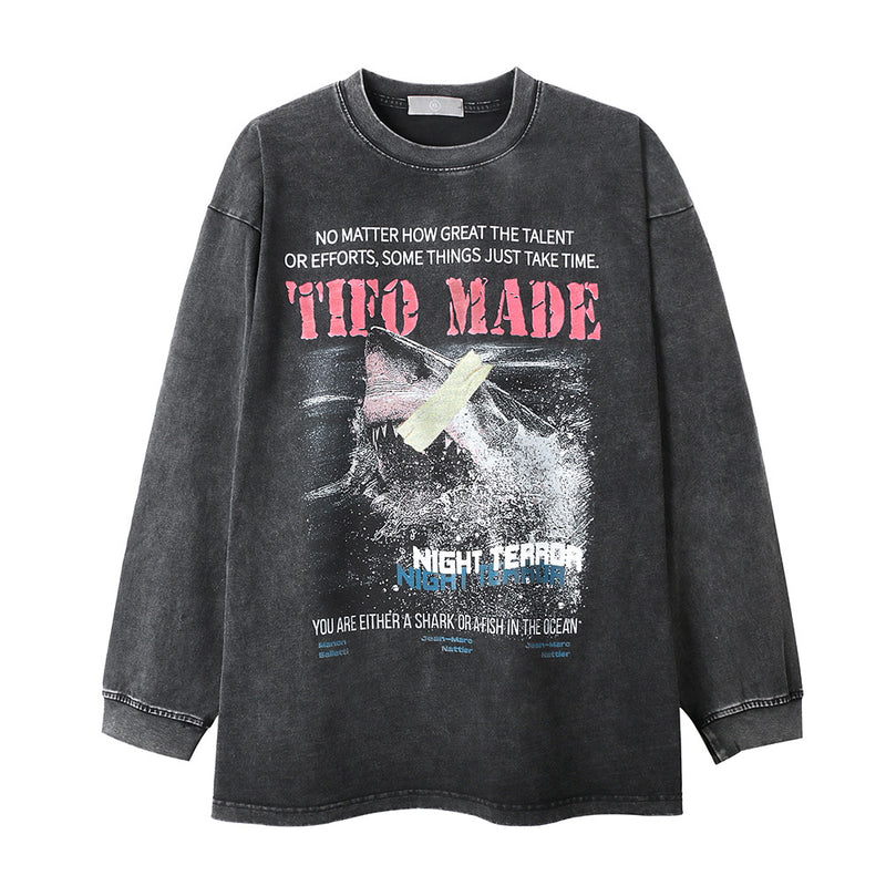 Men Long Sleeve T-Shirt Great White Shark Print Washed and Worn Loose