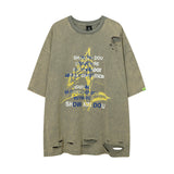 Men T-shirt Graffiti Printing Knife Ripped Loose Casual