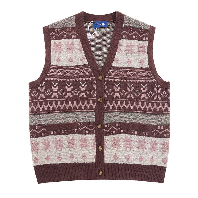 Men Sweater Jacquard Knitwear V-neck Woolen Vest