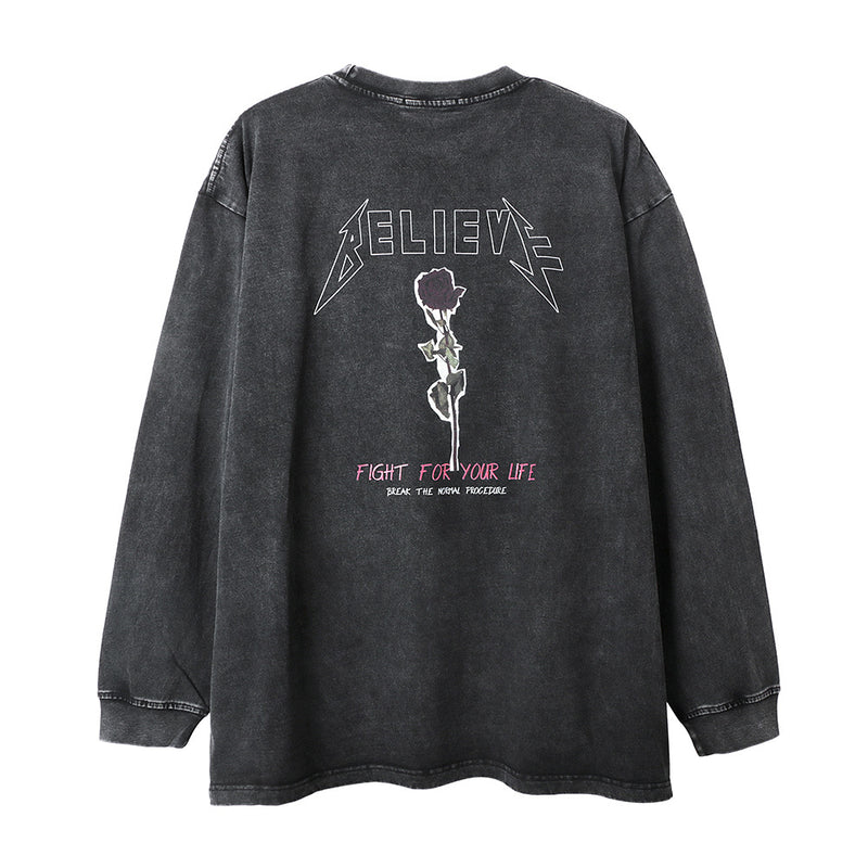 Men Long Sleeve T-Shirt Character Rose Printed Distressed Shake Bottoming Shirt
