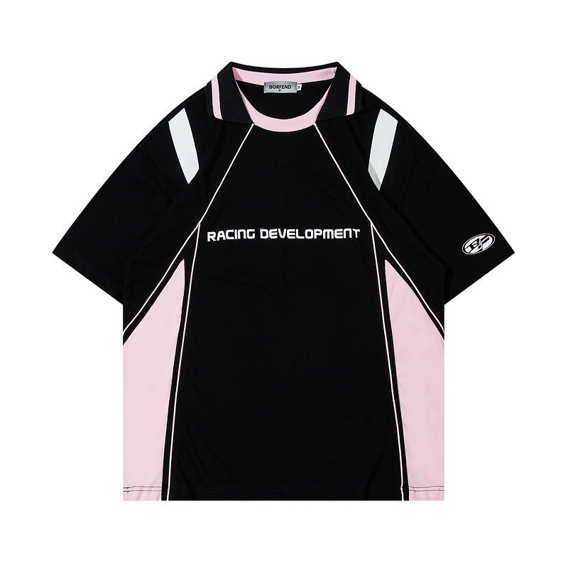 Men T-shirt Color Contrast Patchwork Sports College Style Loose
