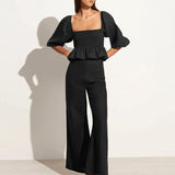 Women Co-Ords Square Collar Puff Sleeve High Waist Wide Leg Pants